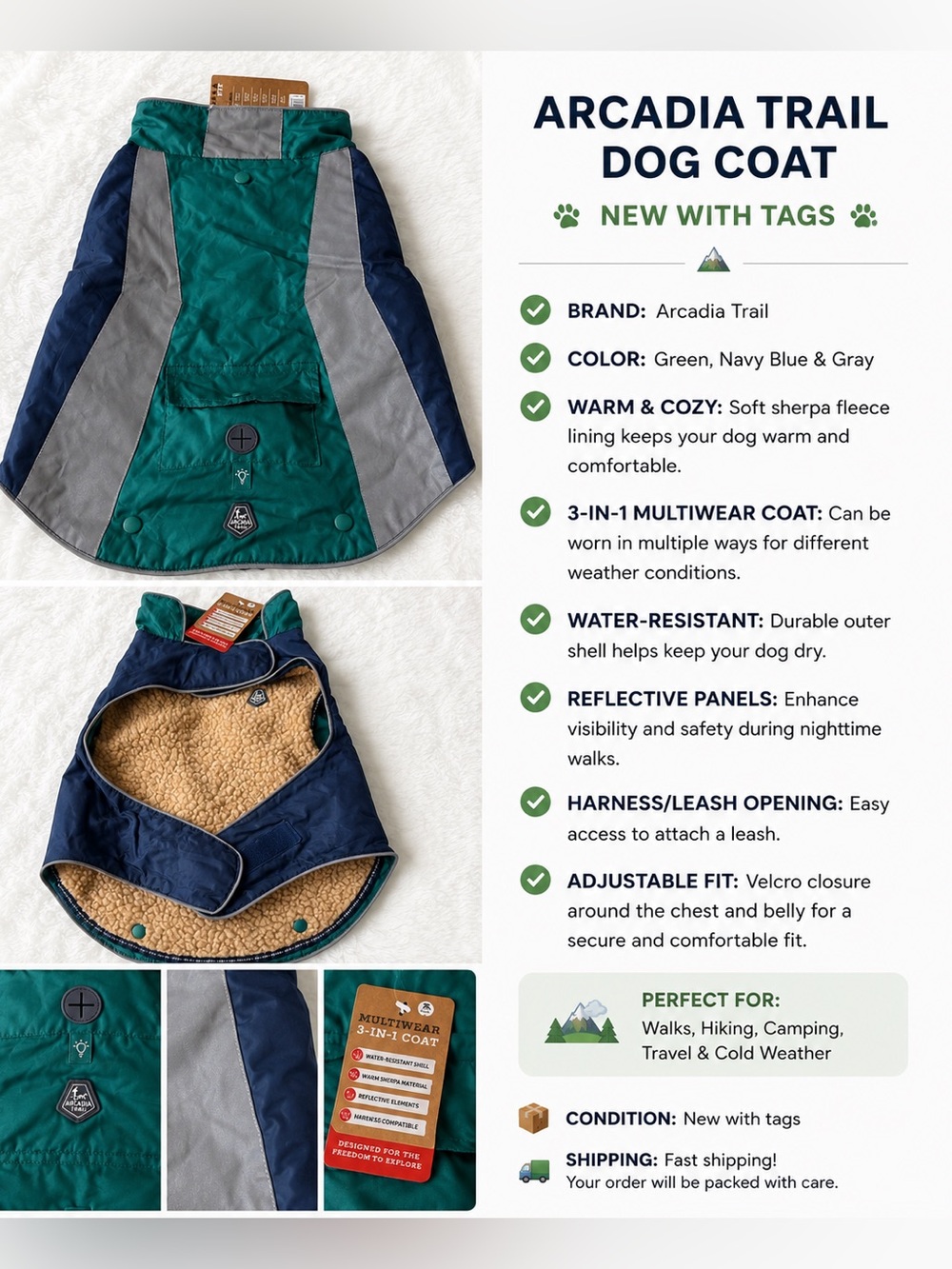 Arcadia Trail Dog Coat Jacket Sherpa Lined Reflective Adjustable Size M NWT